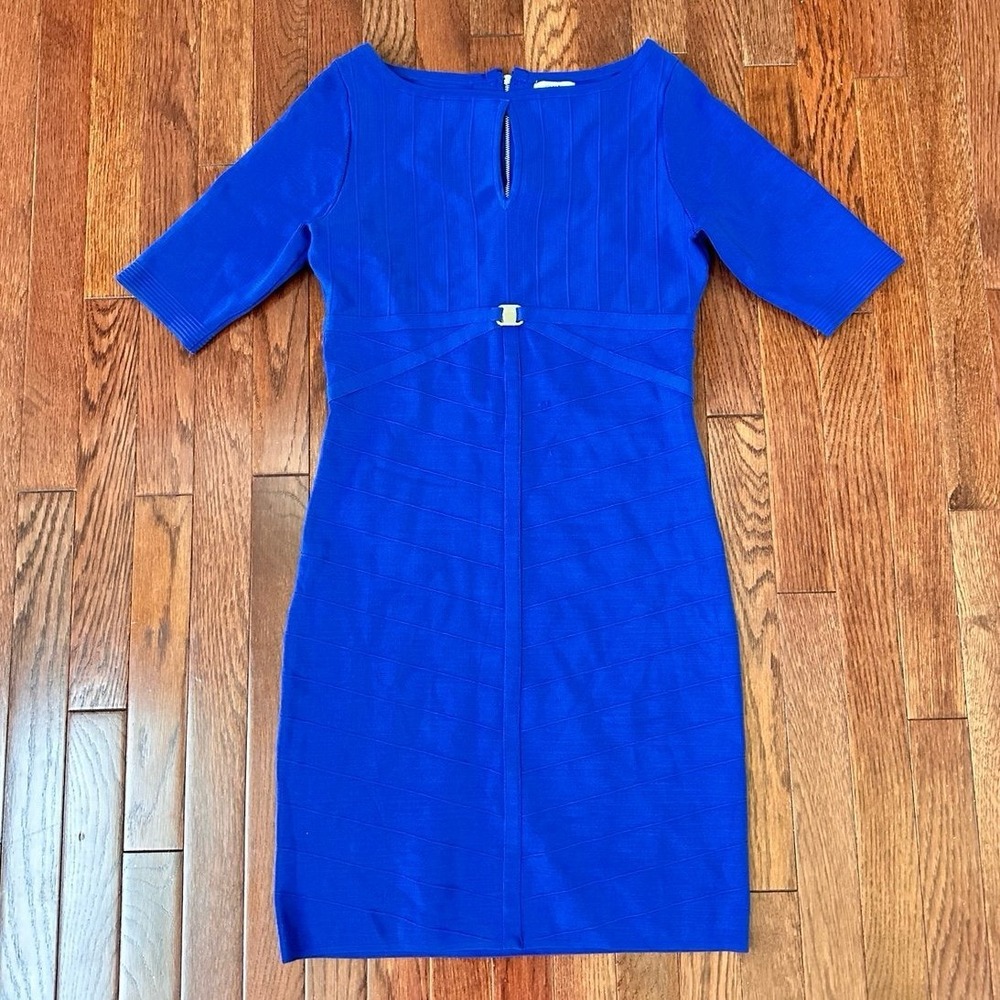 Cache Royal Blue Bodycon Quarter Sleeve Keyhole Bandage Cocktail Dress Medium